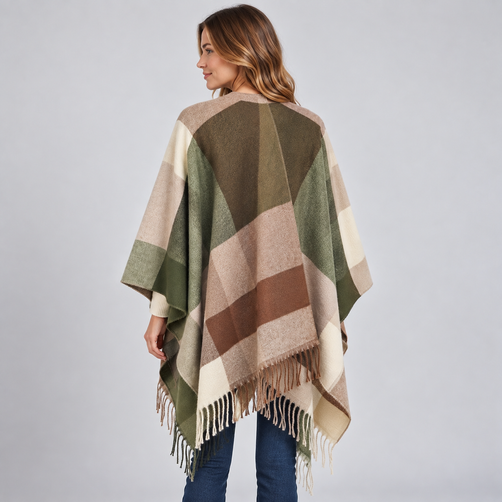 Women's colour block blanket poncho with fringed hem