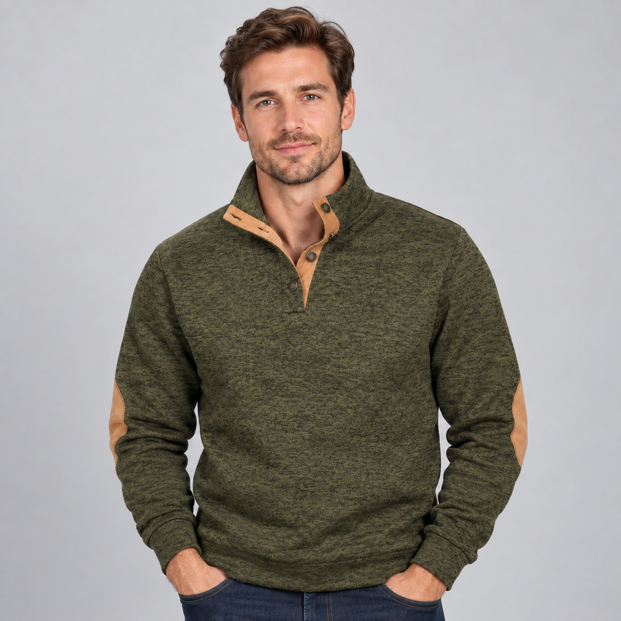 Men's stand collar button-neck jumper with elbow patches
