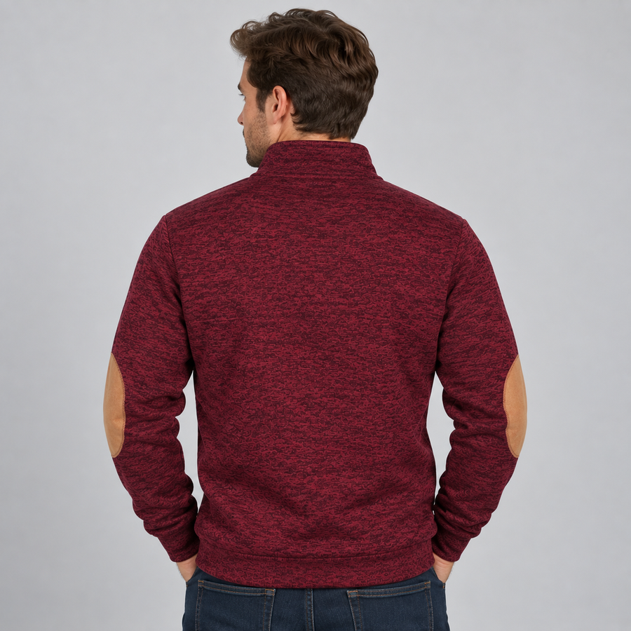 Men's stand collar button-neck jumper with elbow patches