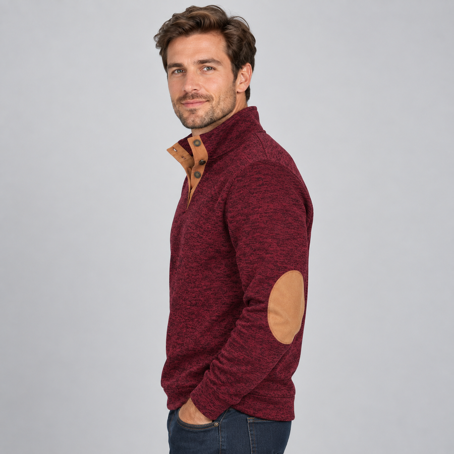 Men's stand collar button-neck jumper with elbow patches