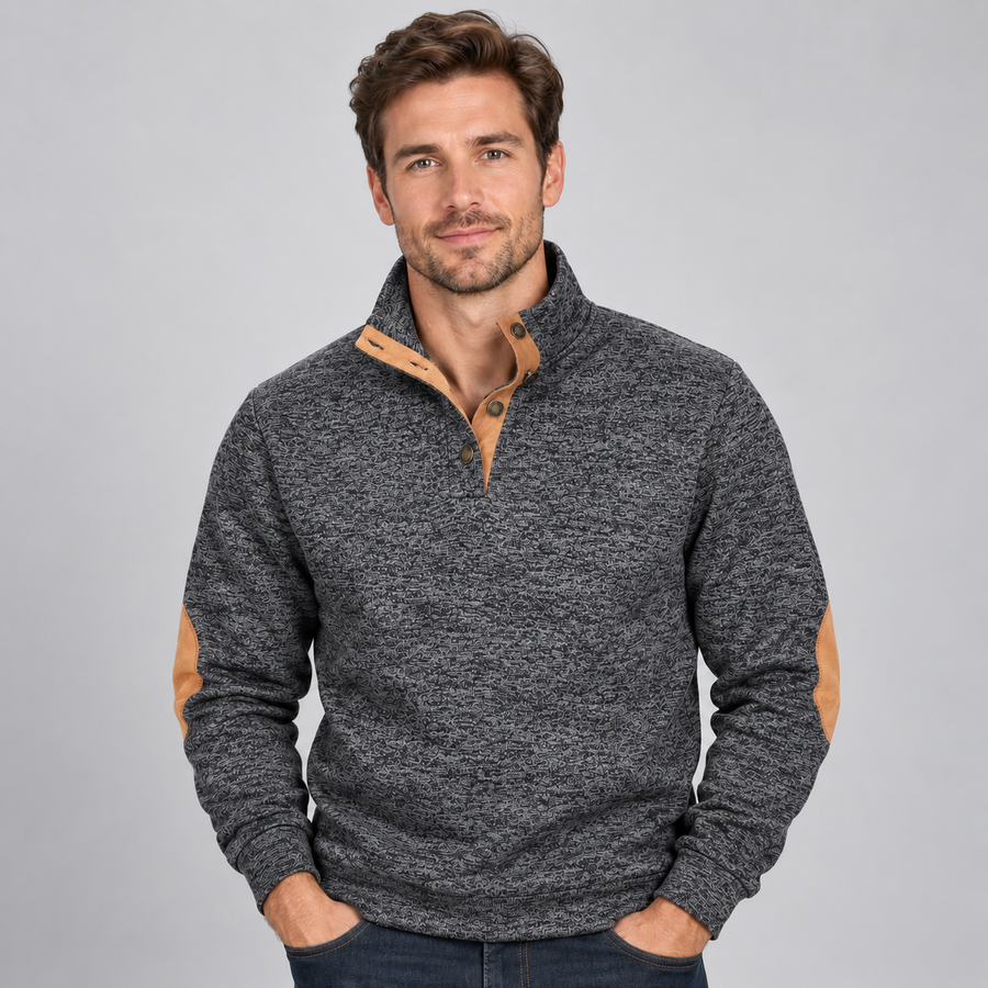 Men's stand collar button-neck jumper with elbow patches