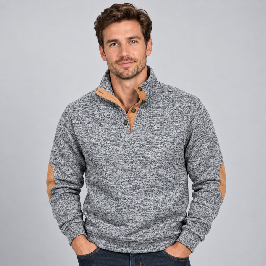 Men's stand collar button-neck jumper with elbow patches