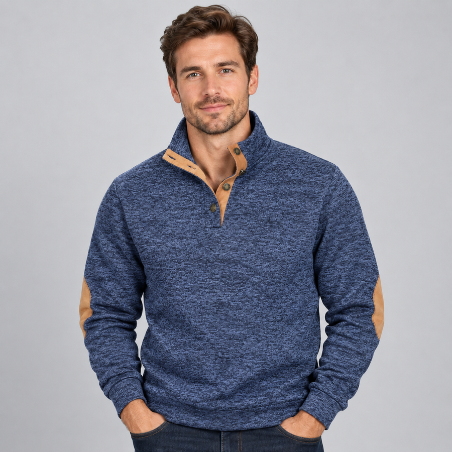 Men's stand collar button-neck jumper with elbow patches