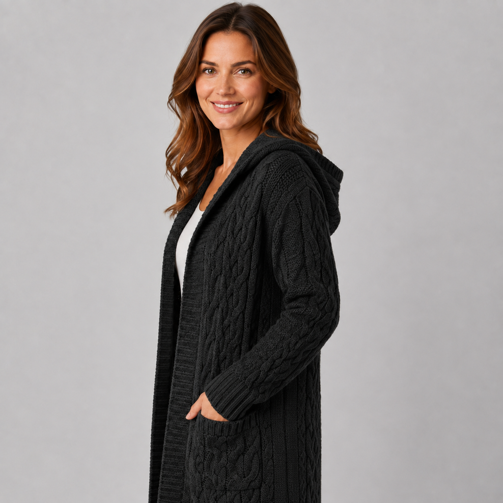 Women's longline cable knit cardigan with pockets