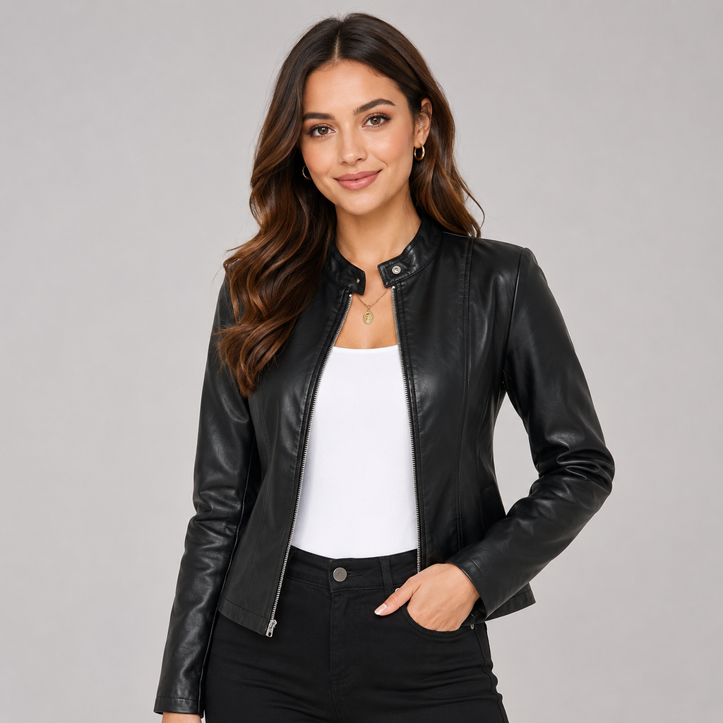 Women's faux leather zip-front biker jacket