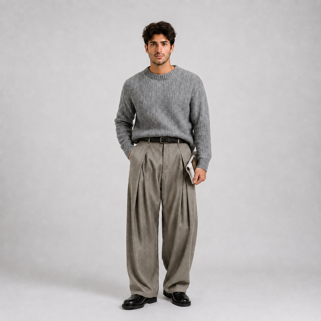 Men's high-waist double-pleat wide-leg tailored trousers