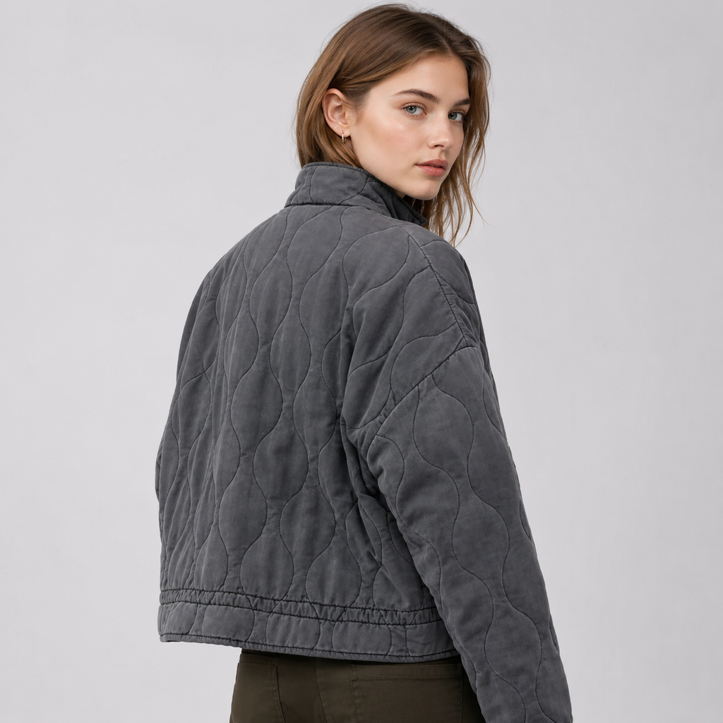 Women's high collar quilted jacket with patch pockets