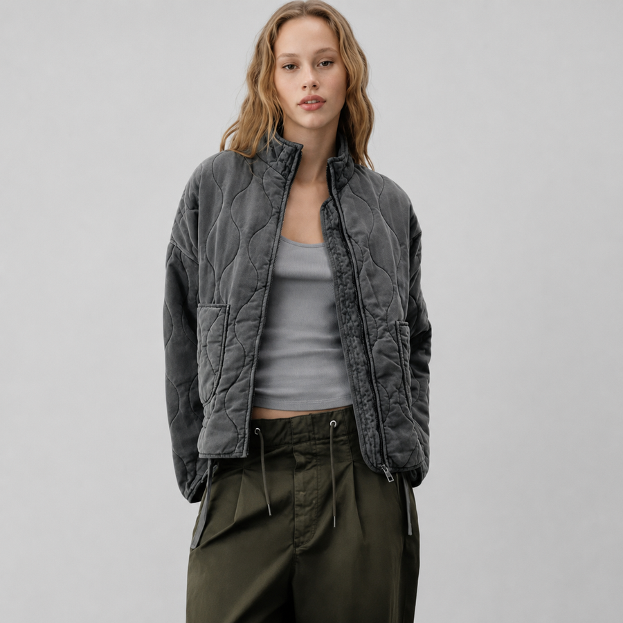 Women's high collar quilted jacket with patch pockets