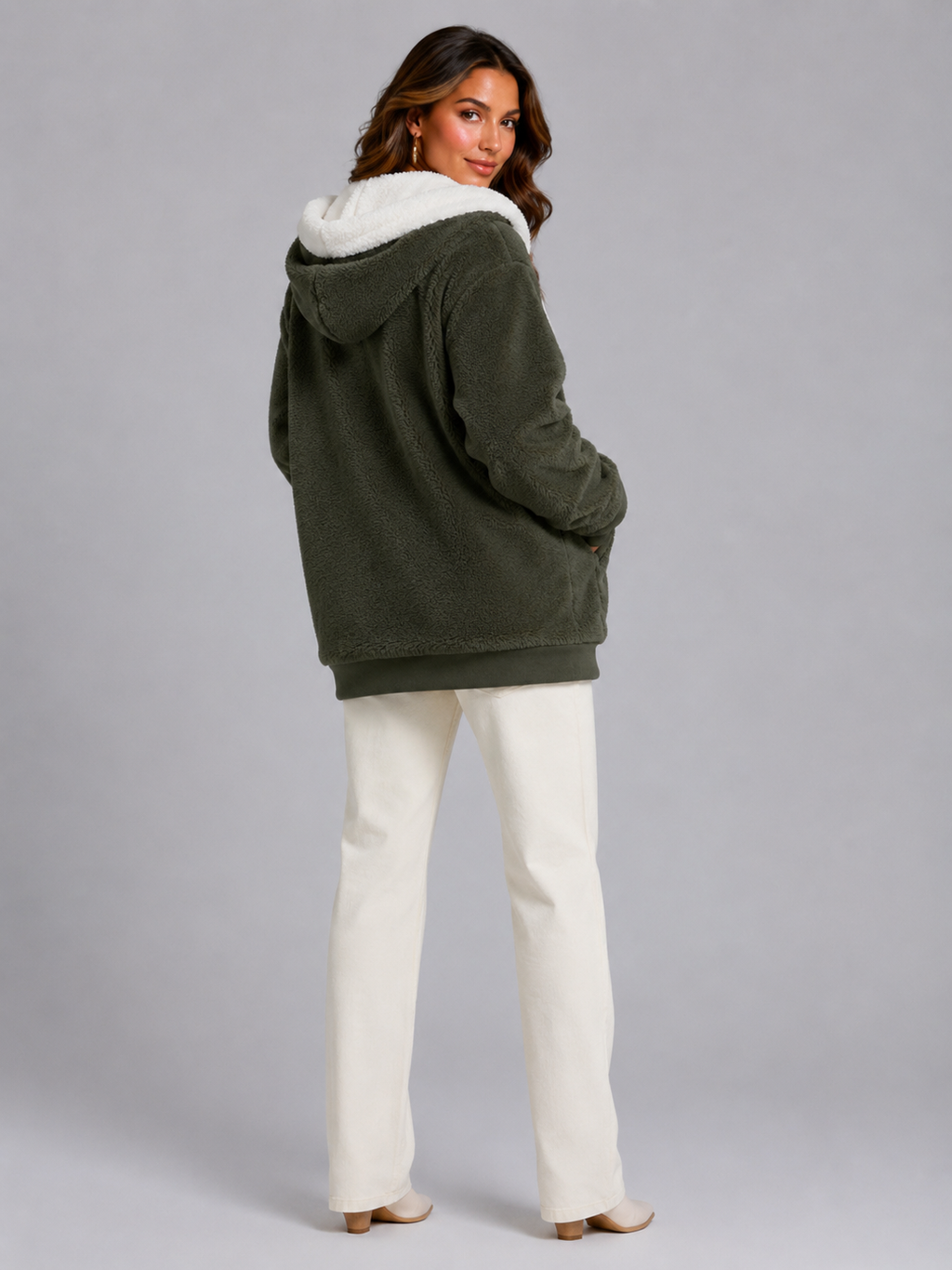 Women's sherpa-lined hooded padded jacket with a zip front