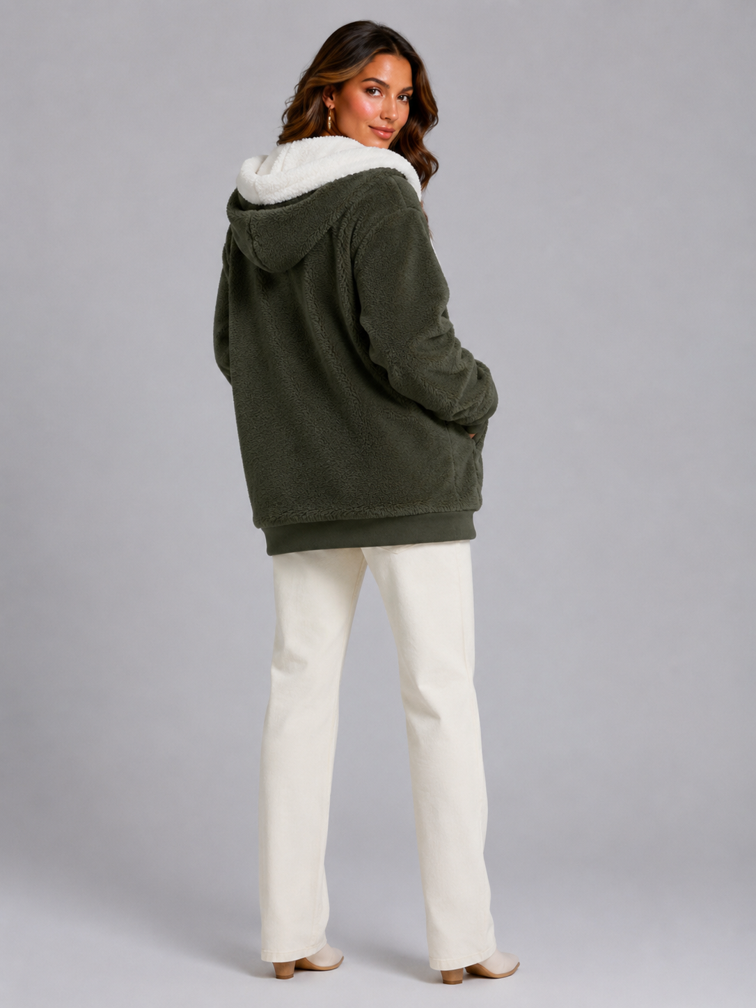 Women's sherpa-lined hooded padded jacket with a zip front