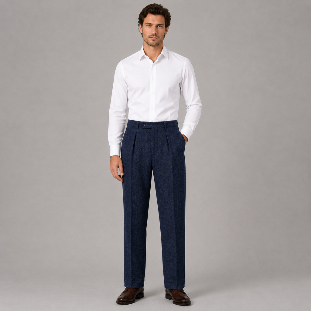Men's high-waist herringbone pleated trousers