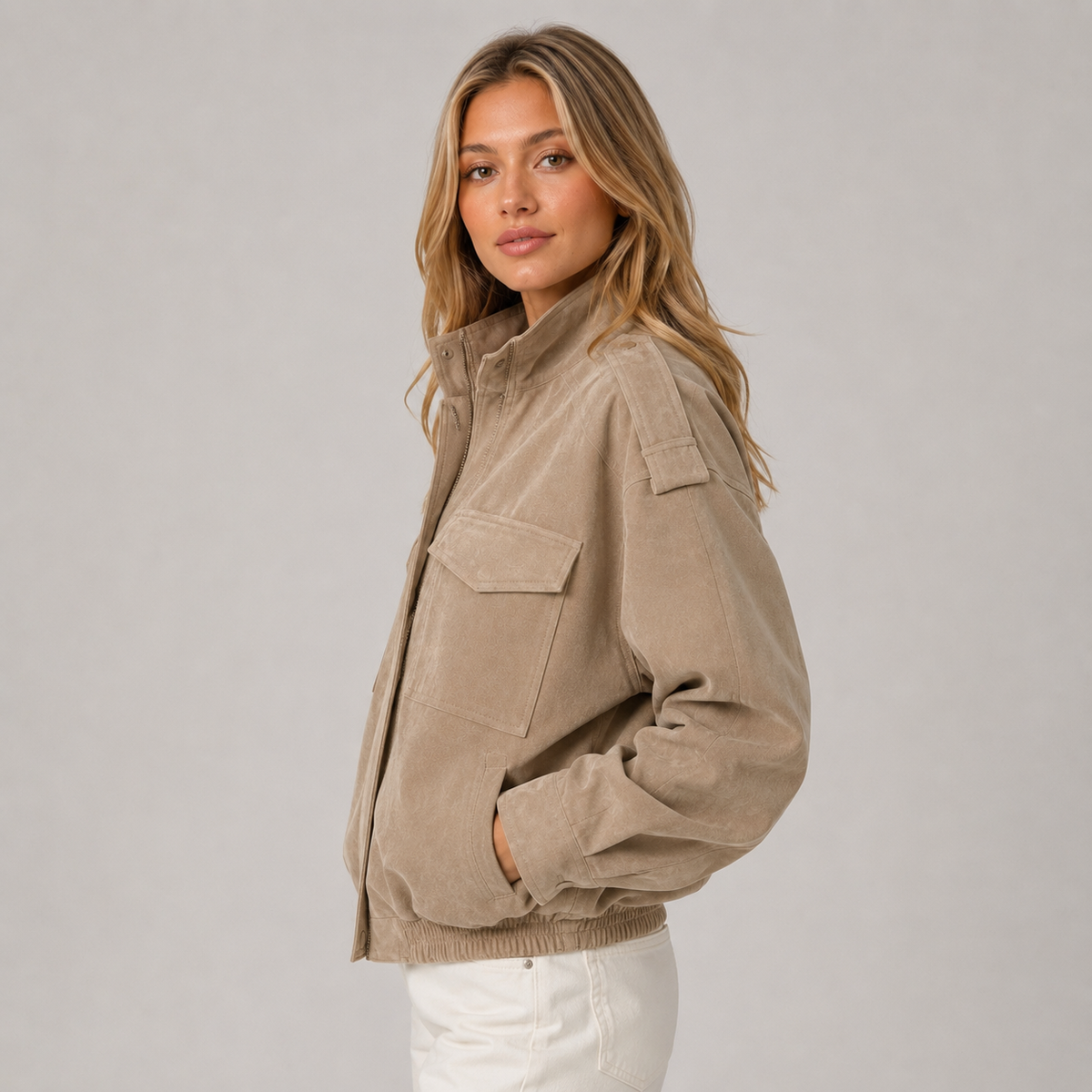 Women's suede-look bomber jacket with pockets