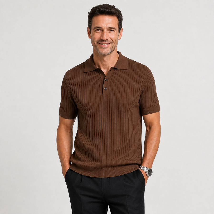Men's striped knit polo shirt with lapel collar