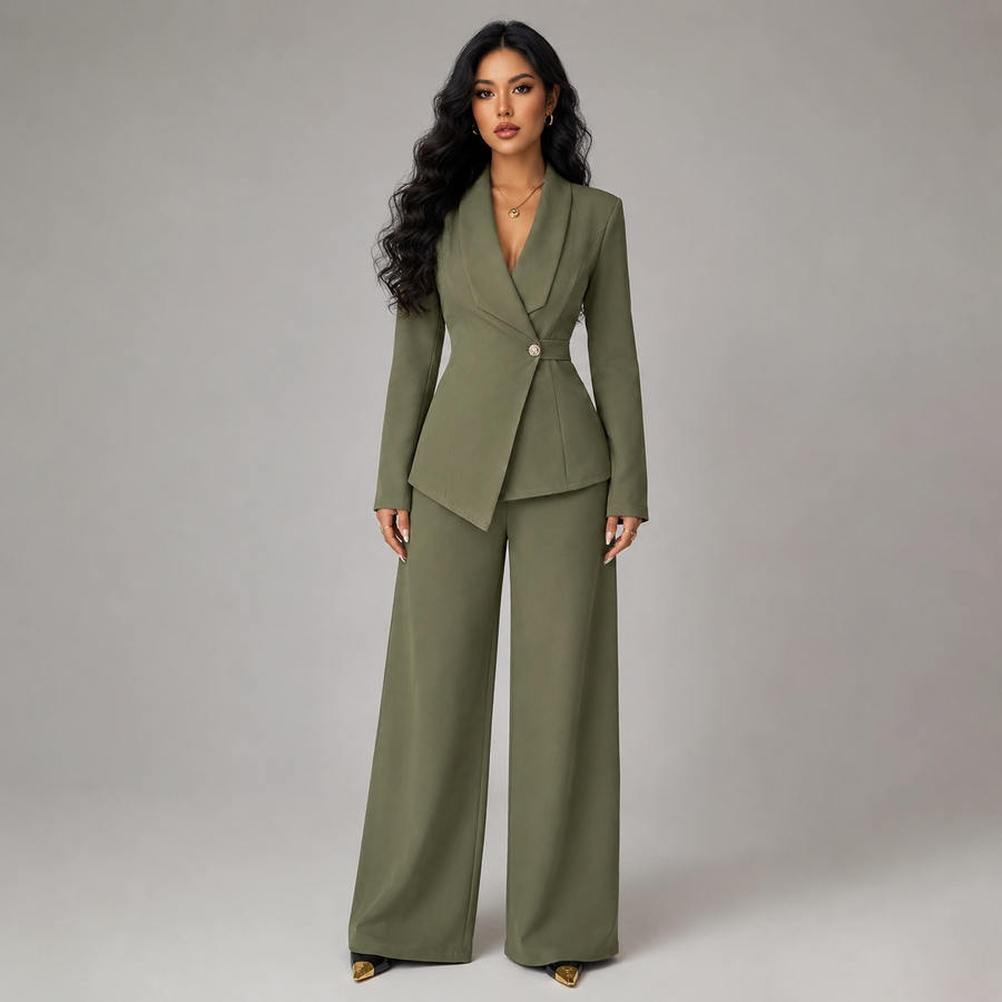 Women's single-button blazer and wide-leg trouser suit set