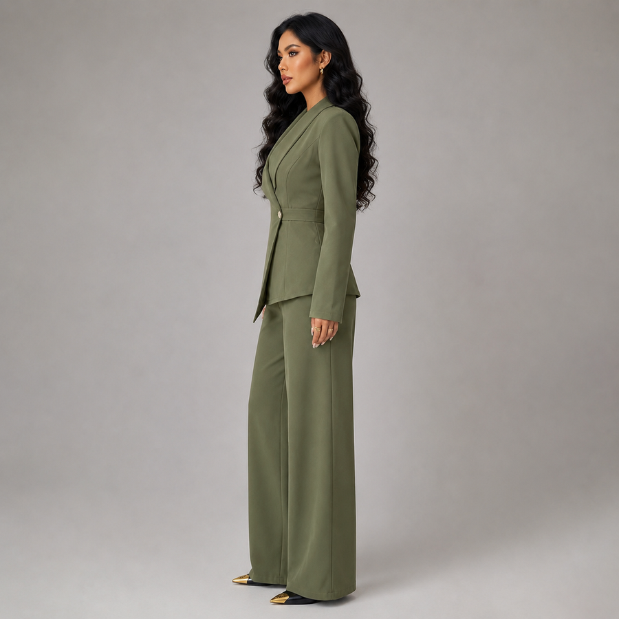 Women's single-button blazer and wide-leg trouser suit set