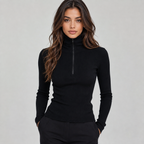 Women's ribbed zip roll neck long sleeve top
