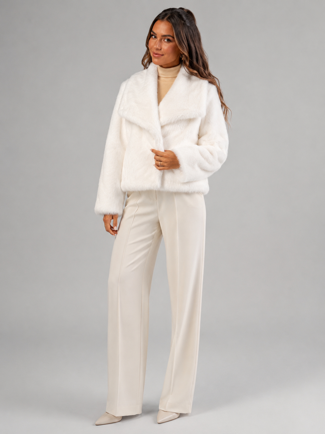 Women's cropped faux fur jacket with an open front