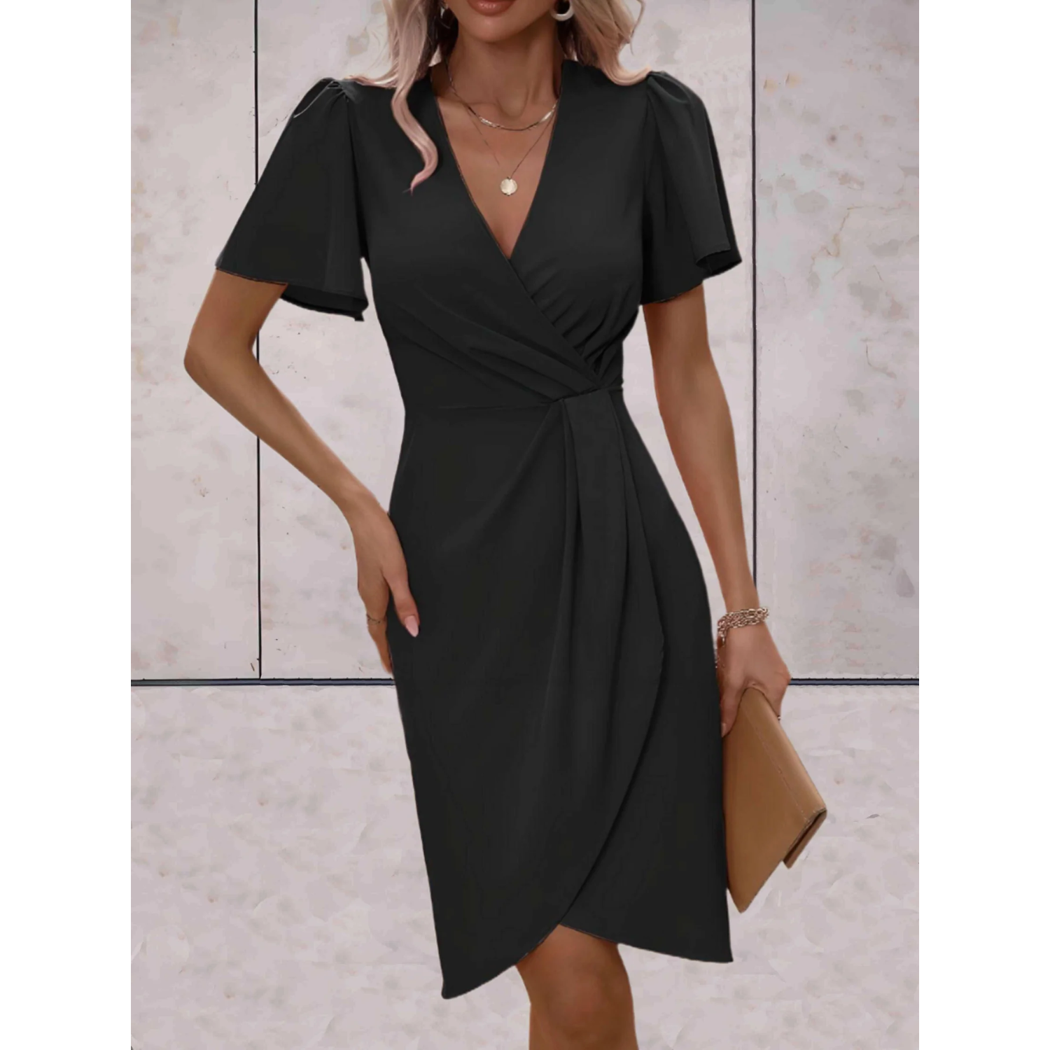Women’s Wrap Dress with V-Neck & Flowing Sleeves - Parker and Grant