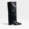 Women's Foldable Knee-High Leather Boots with Block Heel