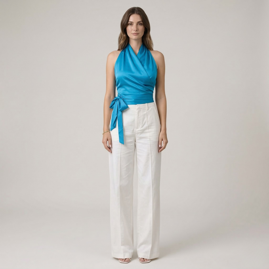 Women's belted halter-neck sleeveless top