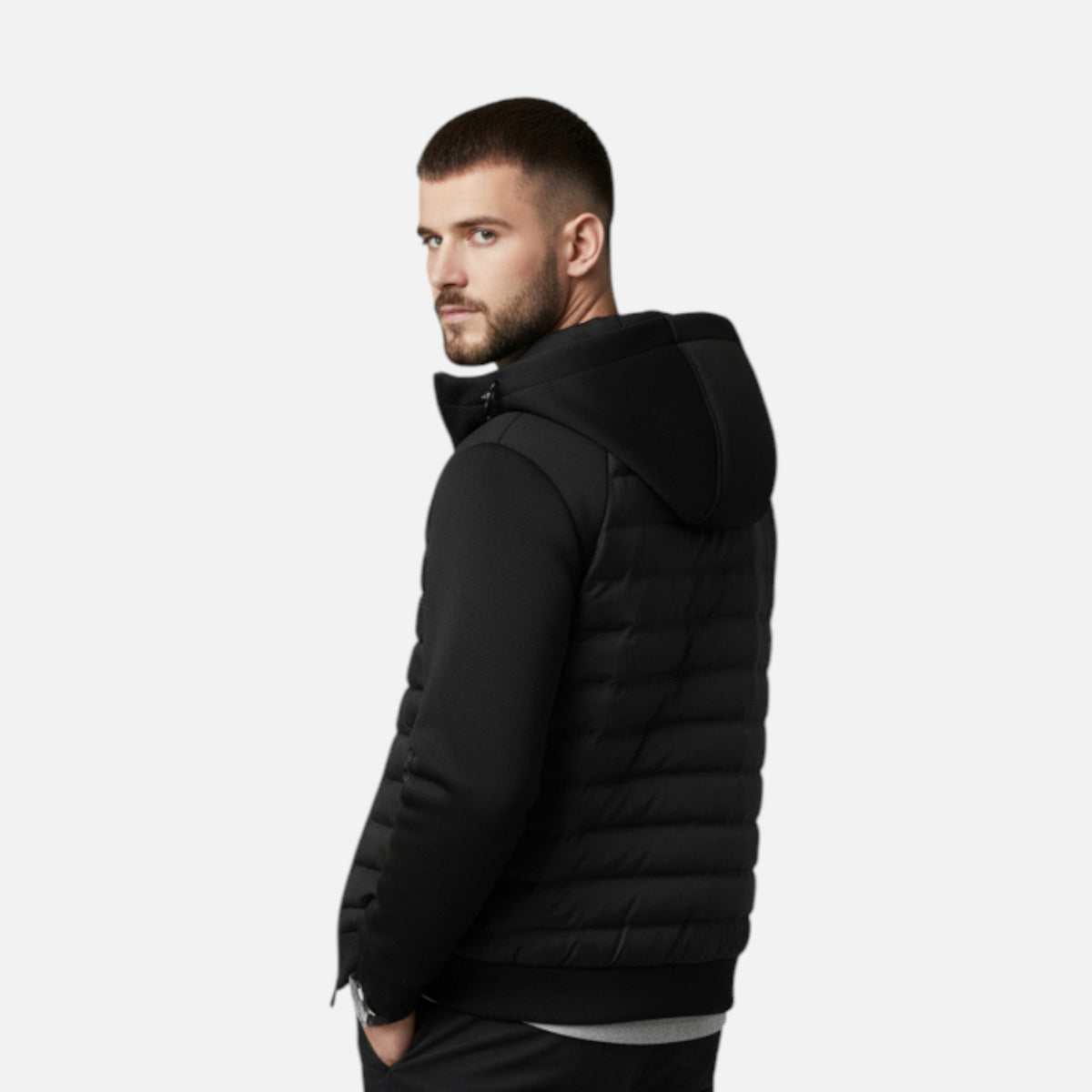 Men's hooded puffer jacket with quilted panels