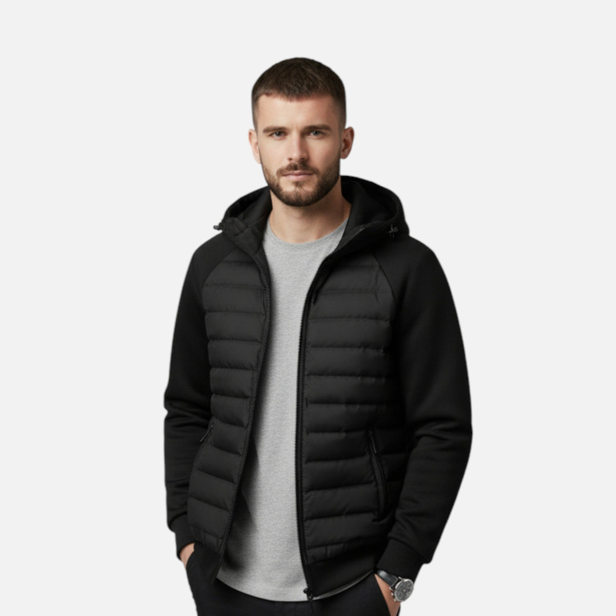 Men's hooded puffer jacket with quilted panels