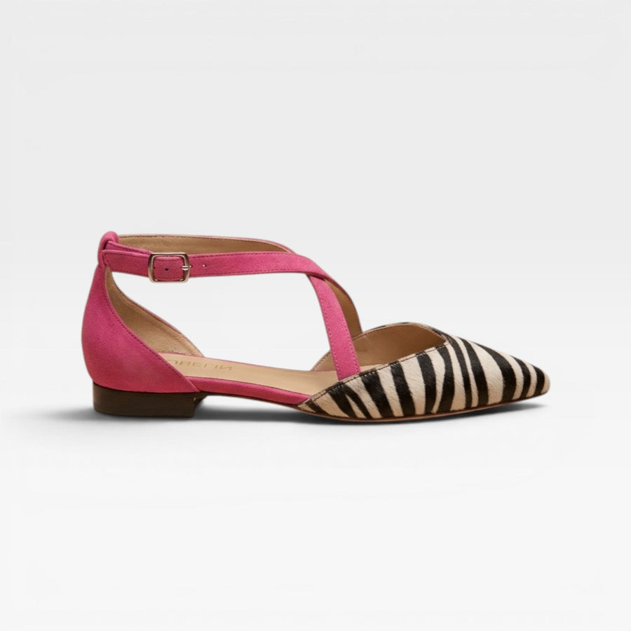 Women's Zebra Print Ballet Flats with Ankle Straps