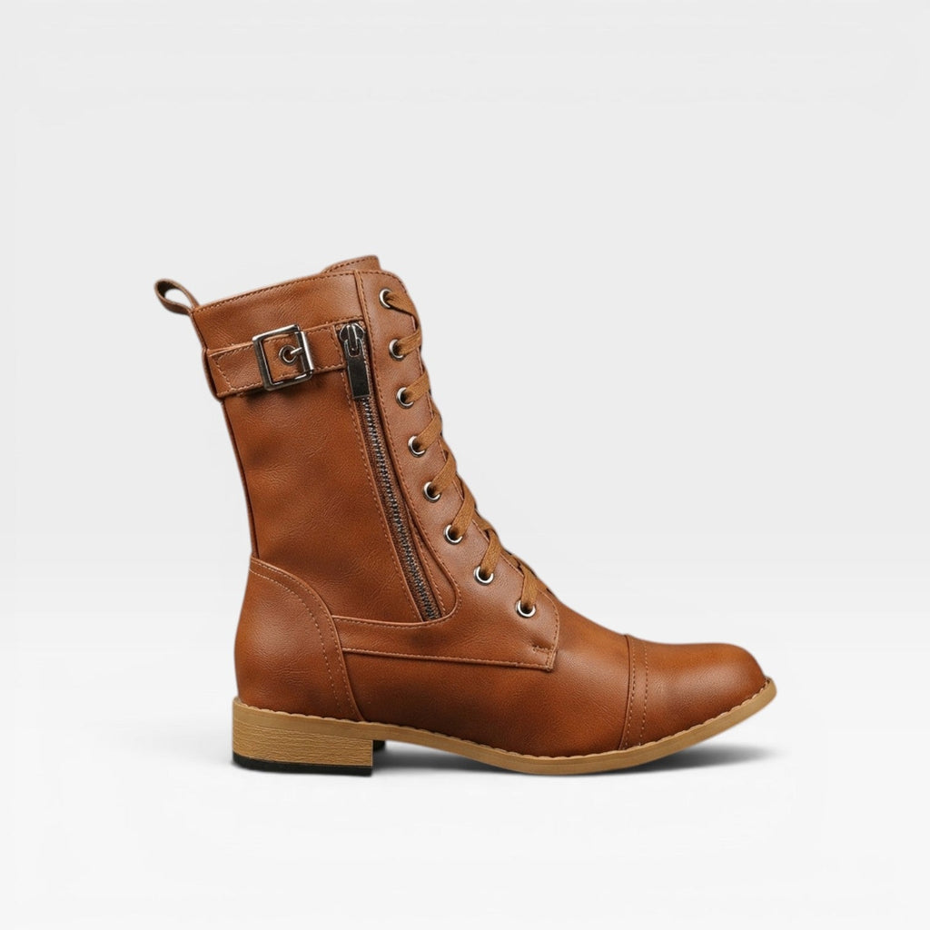 Women's Mid-Calf Lace-Up Leather Boots with Buckle