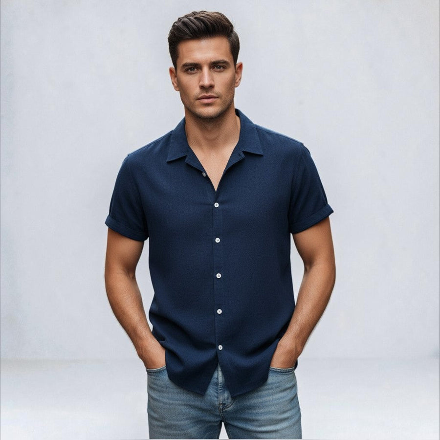 Men's linen-look short-sleeve point collar shirt