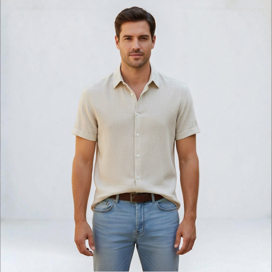 Men's linen-look short-sleeve point collar shirt