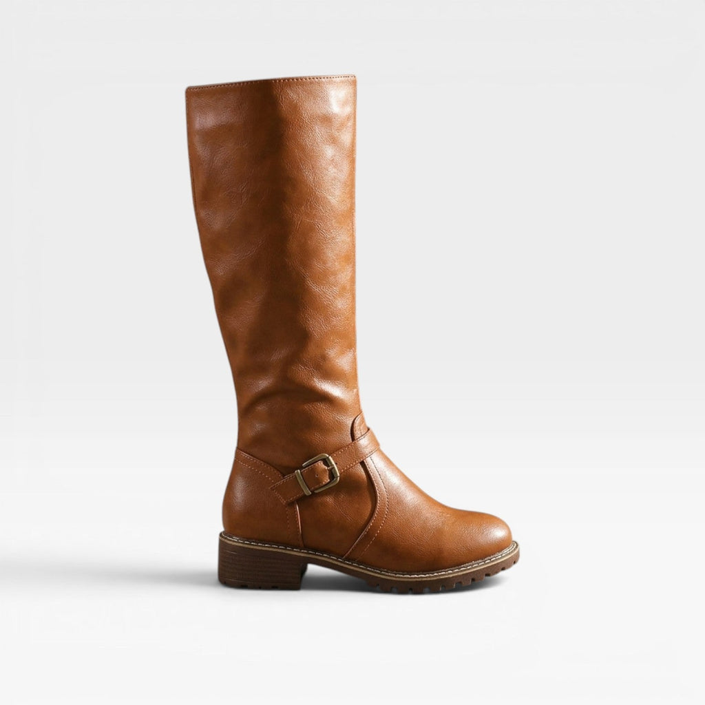 Women's Knee-High Leather Boots with Buckle Straps