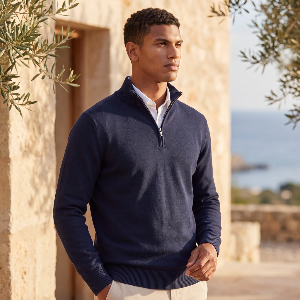 Men's quarter-zip knitted-look jumper with stand collar