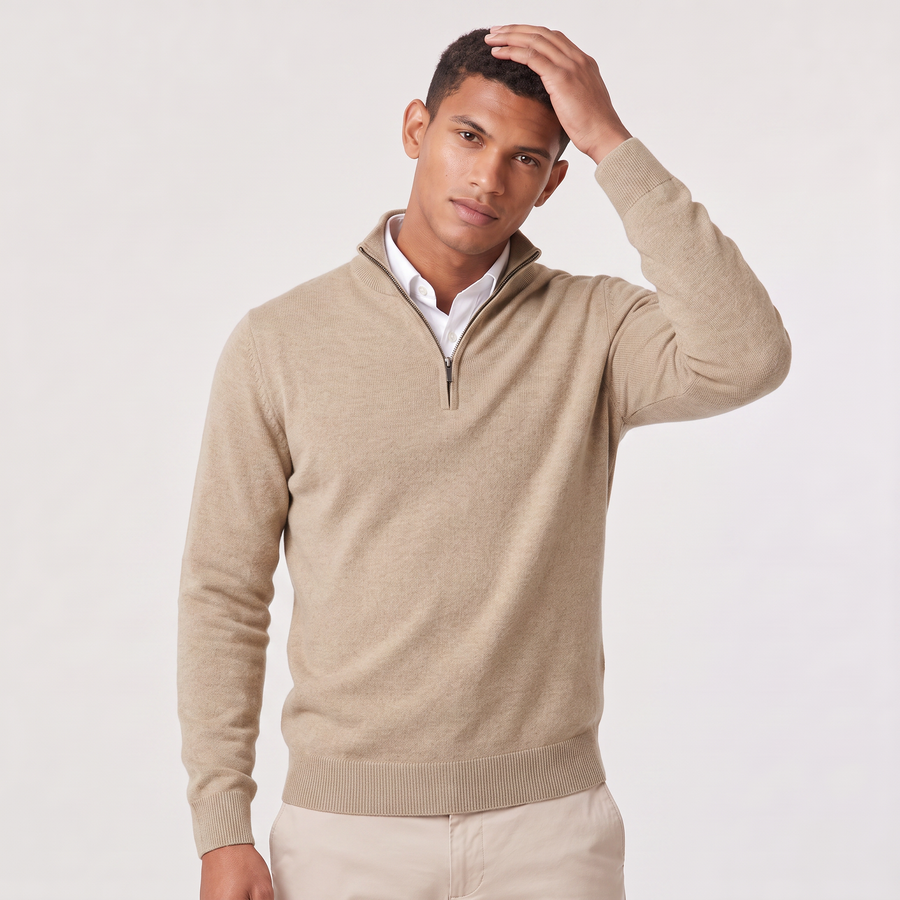 Men's quarter-zip knitted-look jumper with stand collar