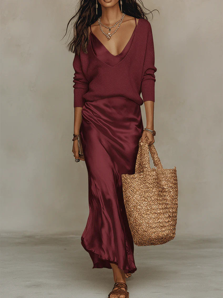 Women's satin-look midi dress and knit top co-ord set
