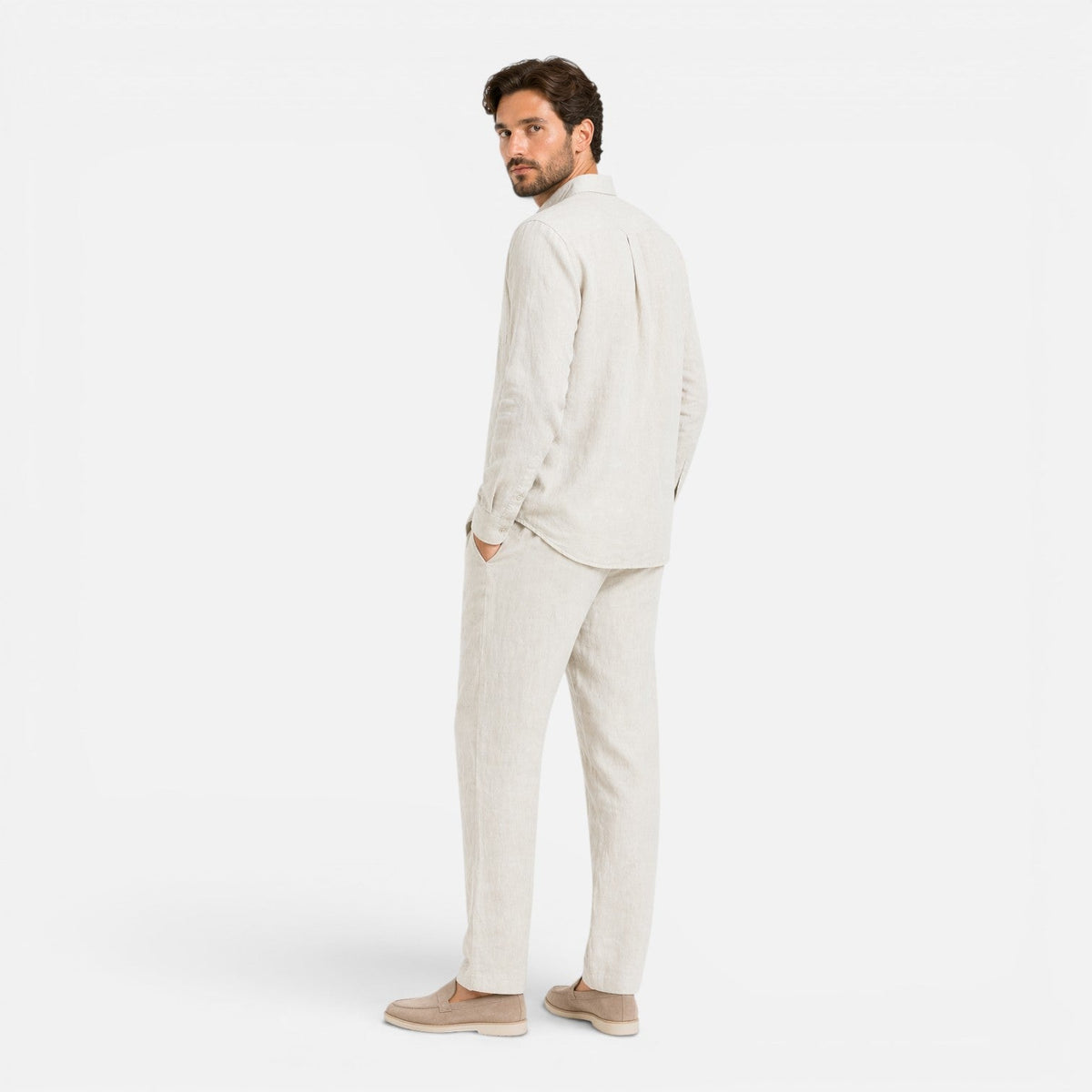 Men's linen-look long-sleeve shirt and trousers co-ord set