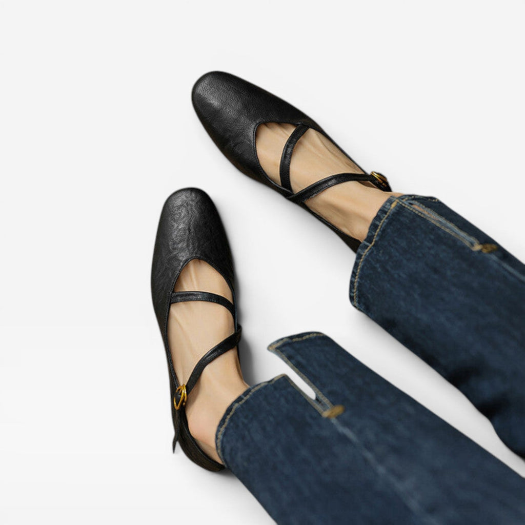 Women's Leather Mary Jane Flats with Buckle Strap — view 8