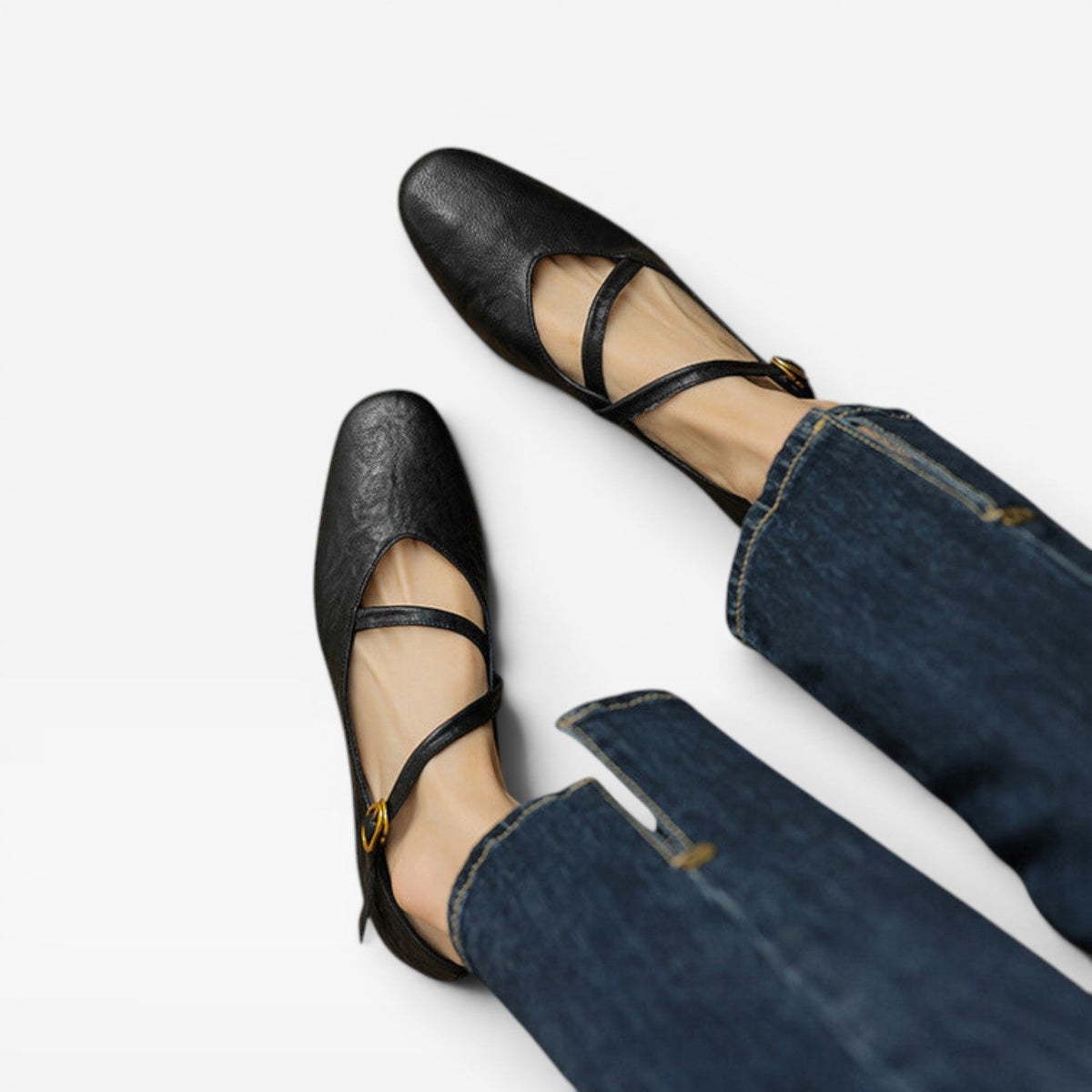 Women's Leather Mary Jane Flats with Buckle Strap — view 8