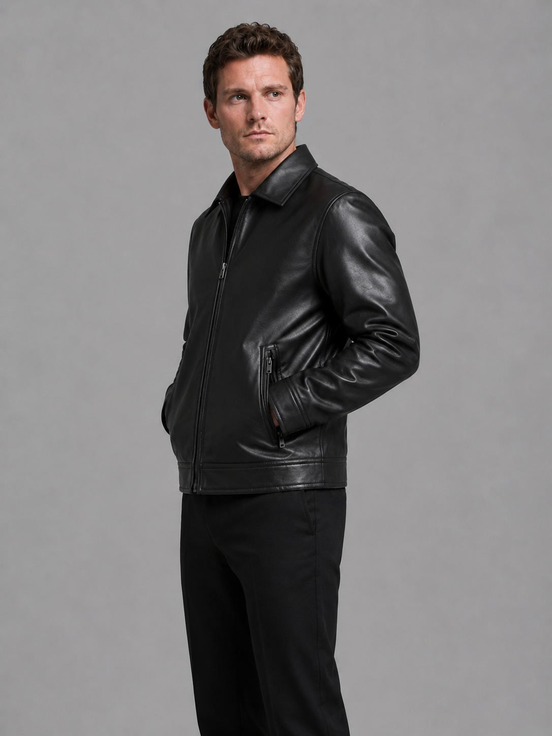 Men's leather-look collared jacket with zip pockets
