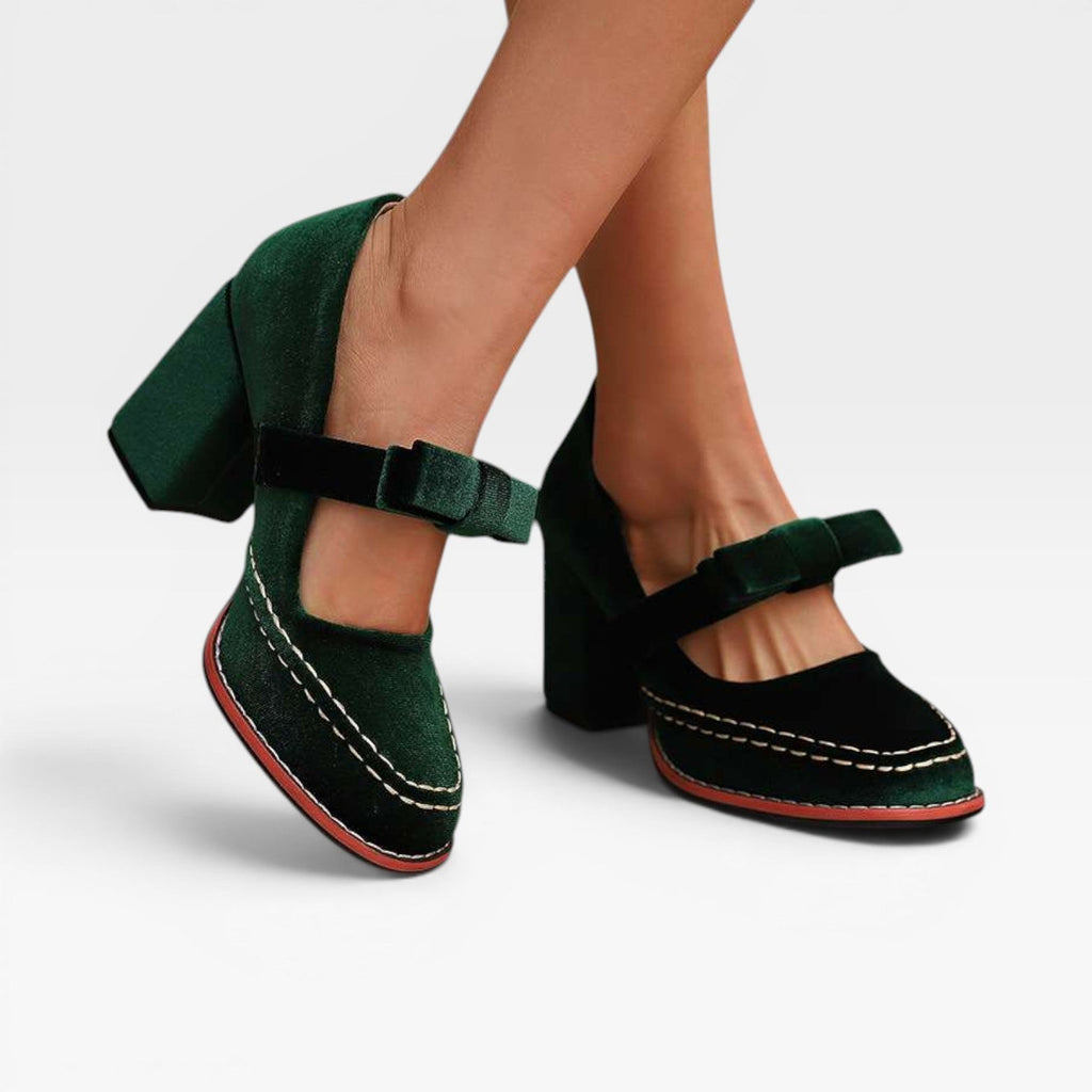 Women's Velvet Mary Jane Heels with Bow — view 10