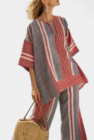 Bravine | Elegant Coral-Gray Linen Top & Wide-Leg Pants
