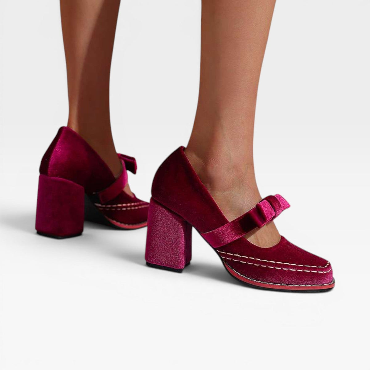 Women's Velvet Mary Jane Heels with Bow — view 7