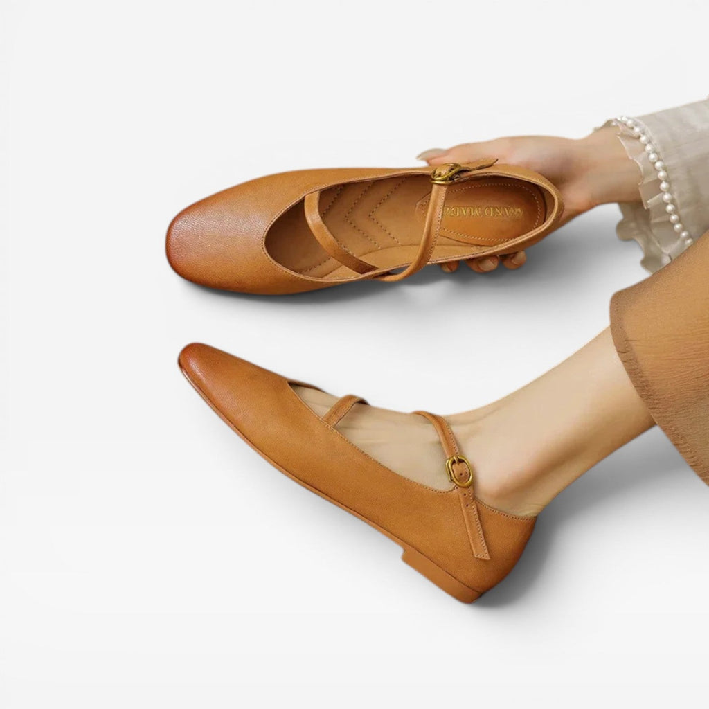 Women's Leather Mary Jane Flats with Buckle Strap — view 4