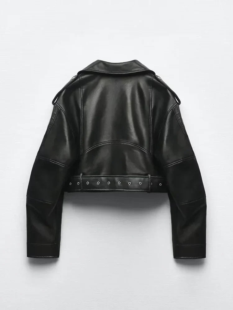 Women's leather-look belted biker jacket