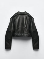 Women's leather-look belted biker jacket