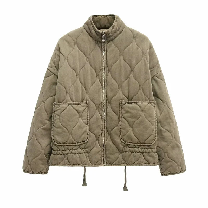 Women's high collar quilted jacket with patch pockets