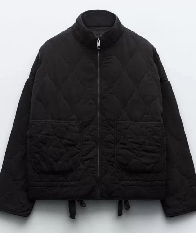 Women's high collar quilted jacket with patch pockets
