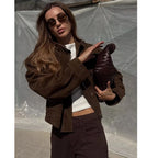 Women's suede-look cropped jacket with snap front