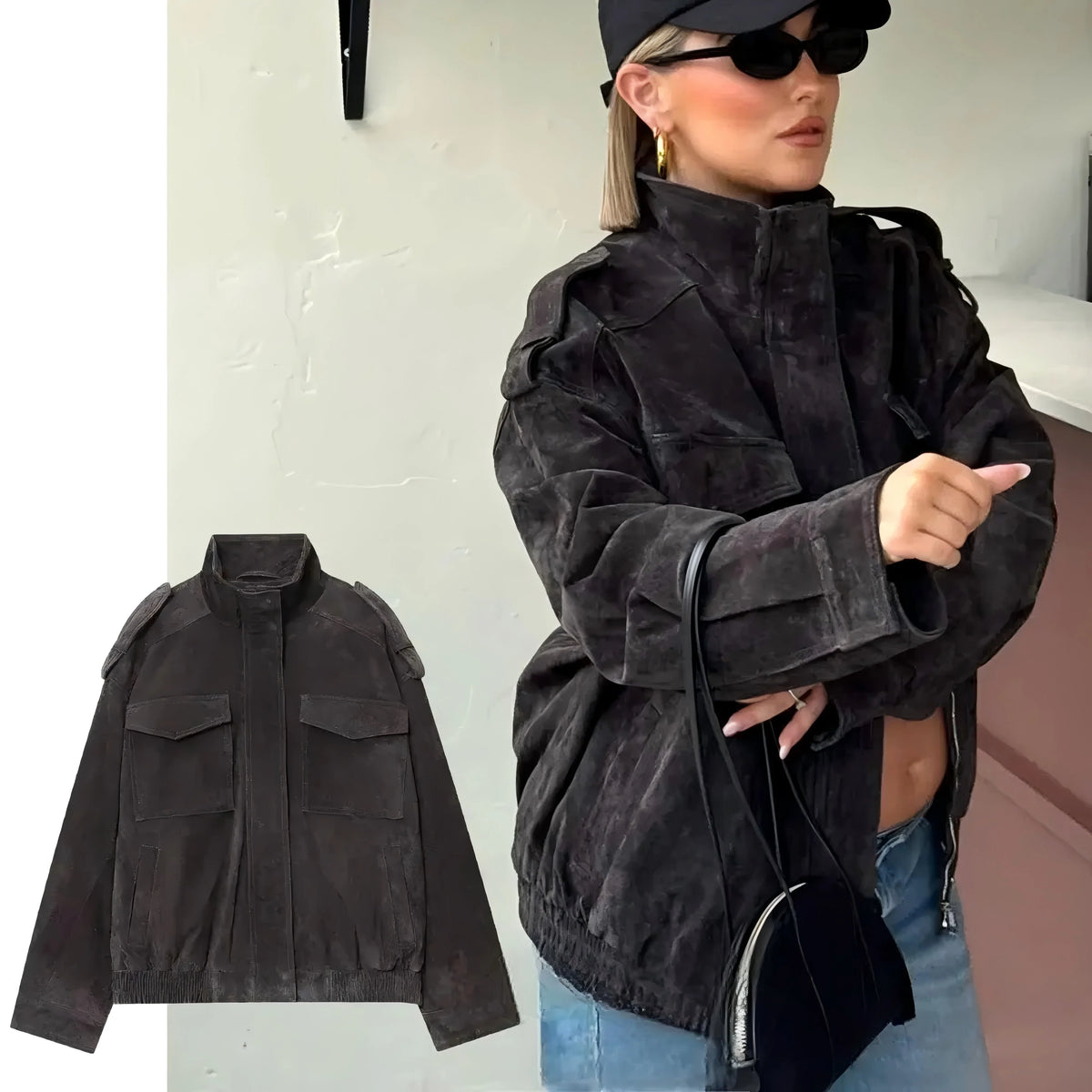 Women's suede-look bomber jacket with pockets