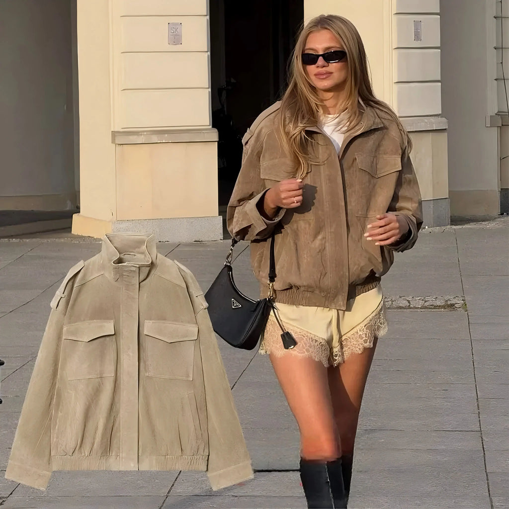 Women's suede-look bomber jacket with pockets