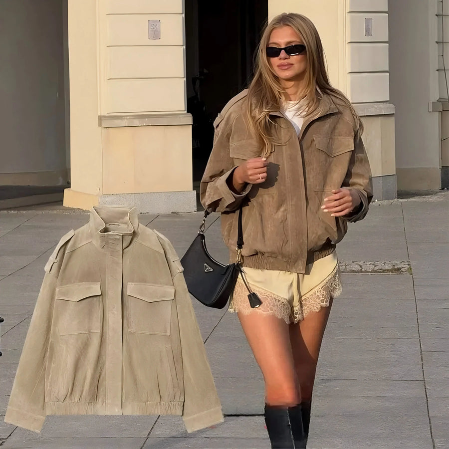 Women's suede-look bomber jacket with pockets